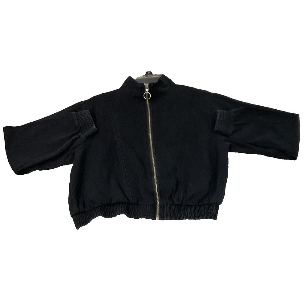 Haute Monde Acid Wash Denim Bomber Jacket Black Zip Front Mock Neck